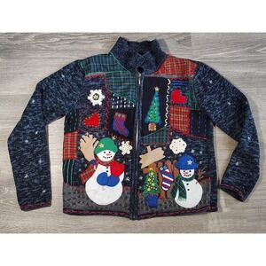 Designers Studio Originals Cardigan Embroidered Ugly Christmas P/P Zip Snowman *